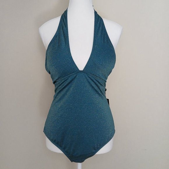 NWT Jones New York One Piece Halter Swimsuit Metallic Teal Size Large - Picture 1 of 6